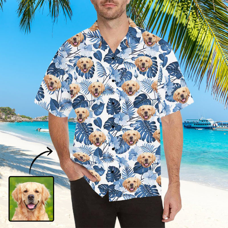 Custom Face Dark Blue Palm Leaves Men's All Over Print Hawaiian Shirt - White