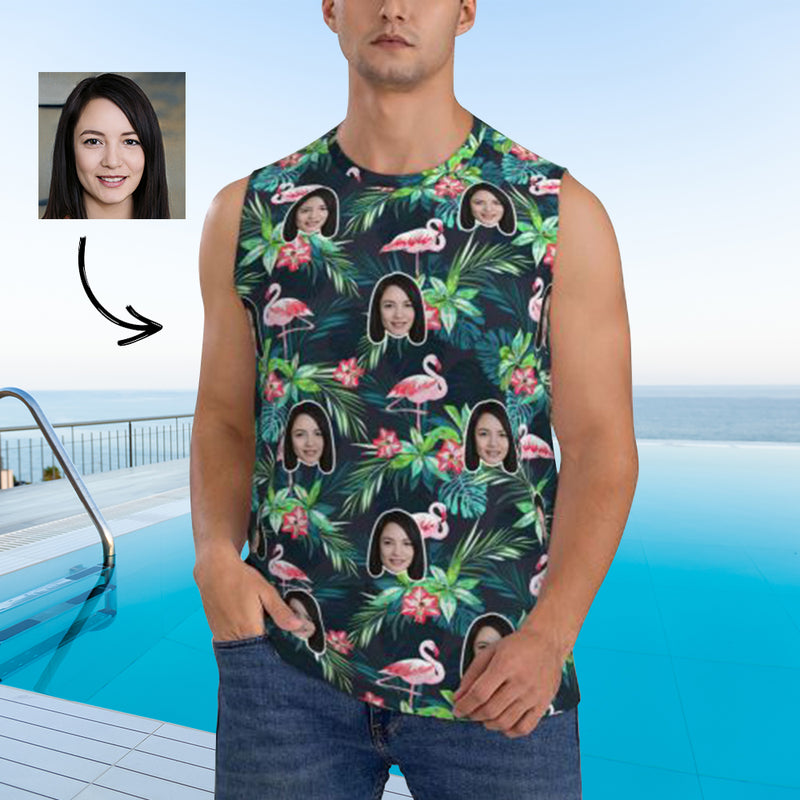 Custom Face Green Plant Flamingos Pattern Men's Sleeveless T-Shirt Vest Tank Top