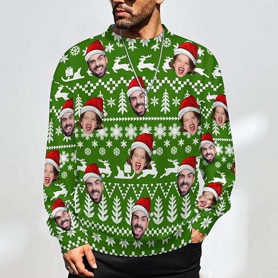 Funny Ugly Christmas Special Custom Face Men's Sweater Personalized Face Sweatshirt for Husband Father Boyfriend Red and Green