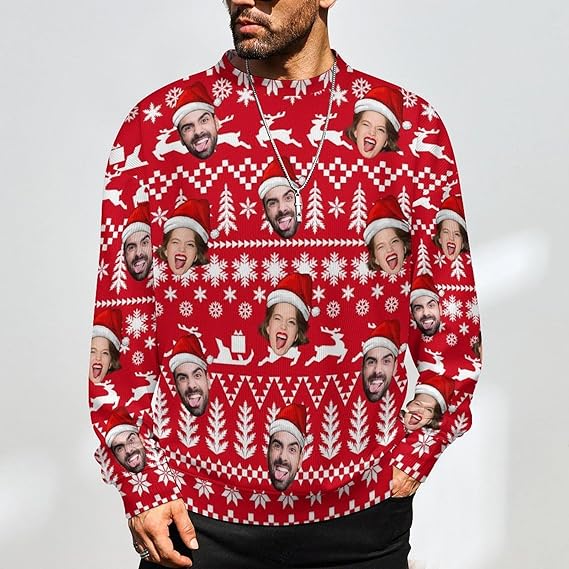 Funny Ugly Christmas Special Custom Face Men's Sweater Personalized Face Sweatshirt for Husband Father Boyfriend Red and Green