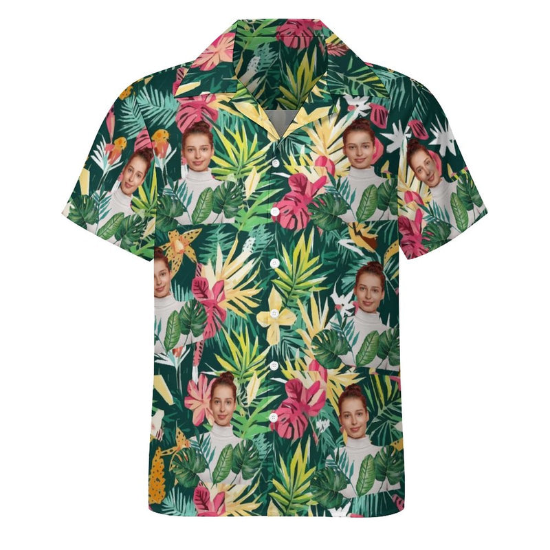 Custom Face Green Plants Men's Lapel Shirt Cuban Collar Hawaiian Shirt