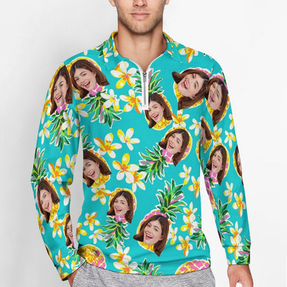 Custom Face Pineapple & Floral Pattern Men's Long Sleeve Quarter Zip Sports Golf Polo Shirt