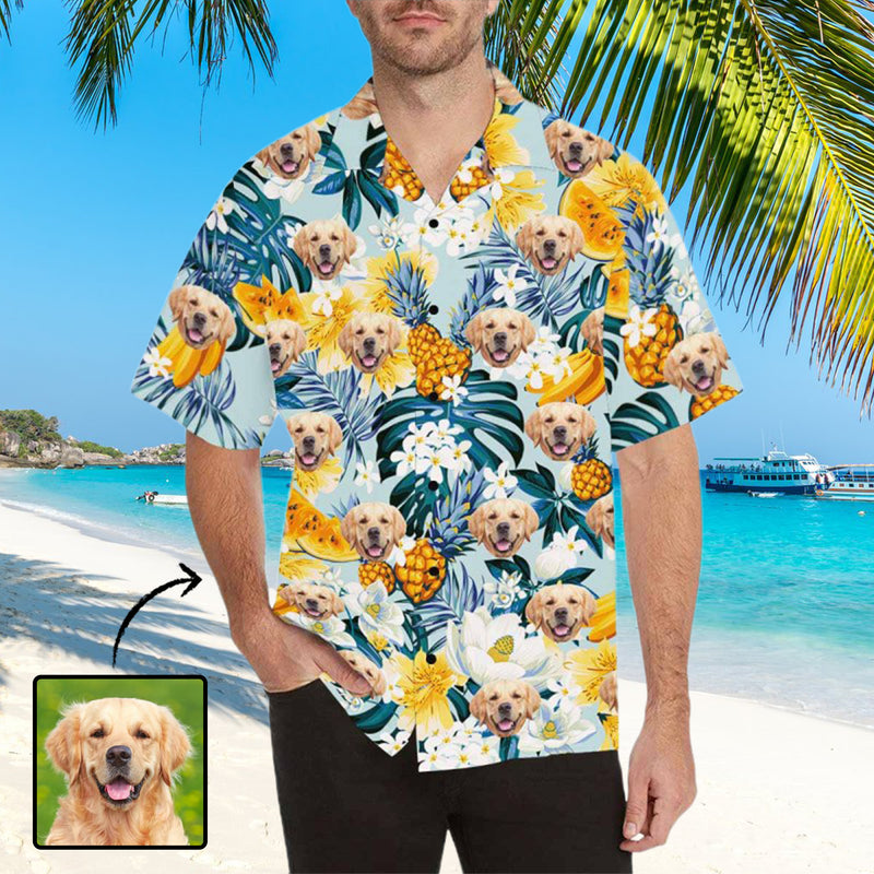 Custom Face Floral Fruits Palm Leaves Men's All Over Print Hawaiian Shirt - Cyan