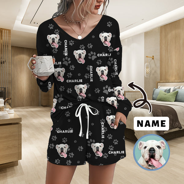 Custom Pet and Name Women's Long Sleeve Scoop Neck Short Pajama Set
