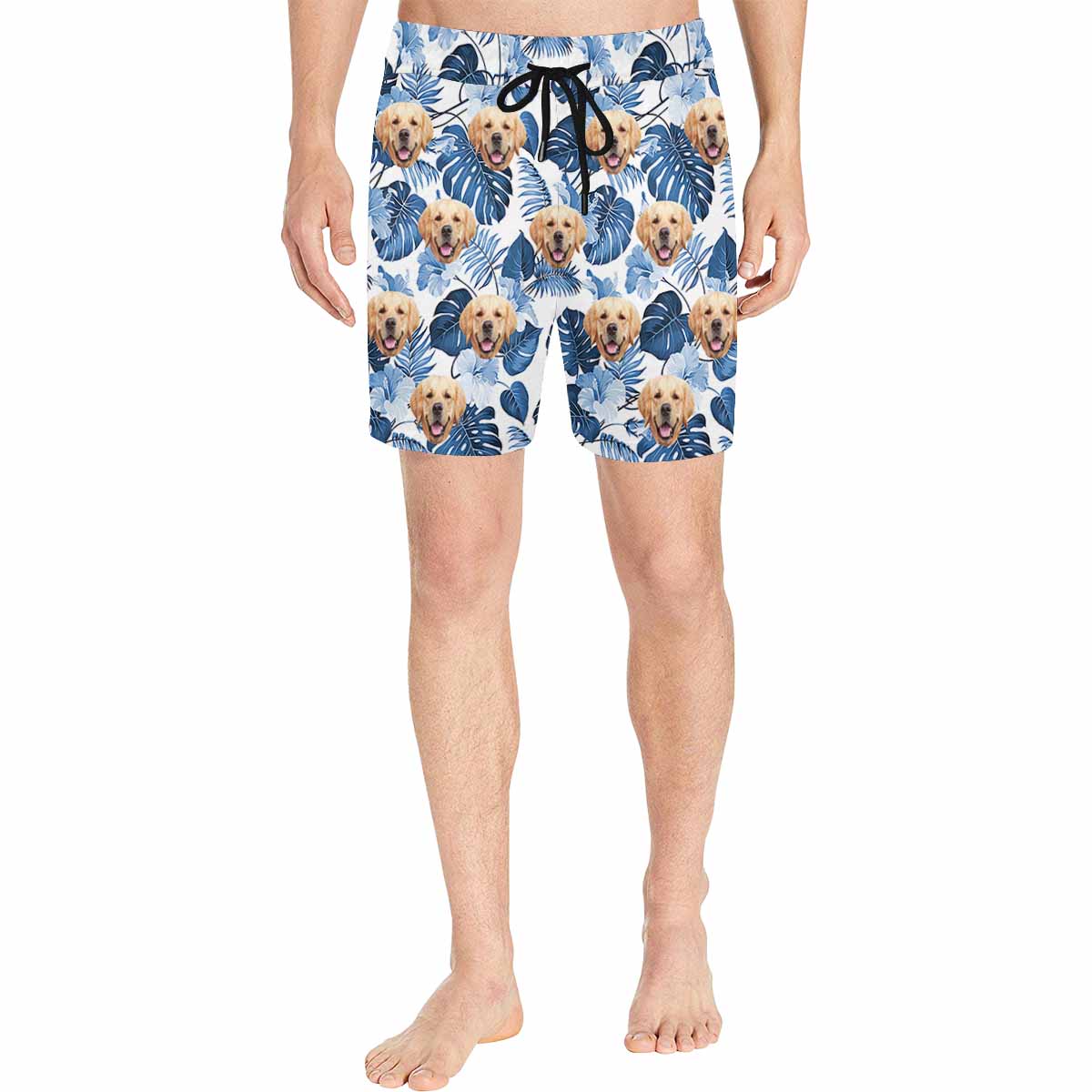 Custom Face Dark Blue Palm Leaves Men's Mid-Length Swim Shorts - White