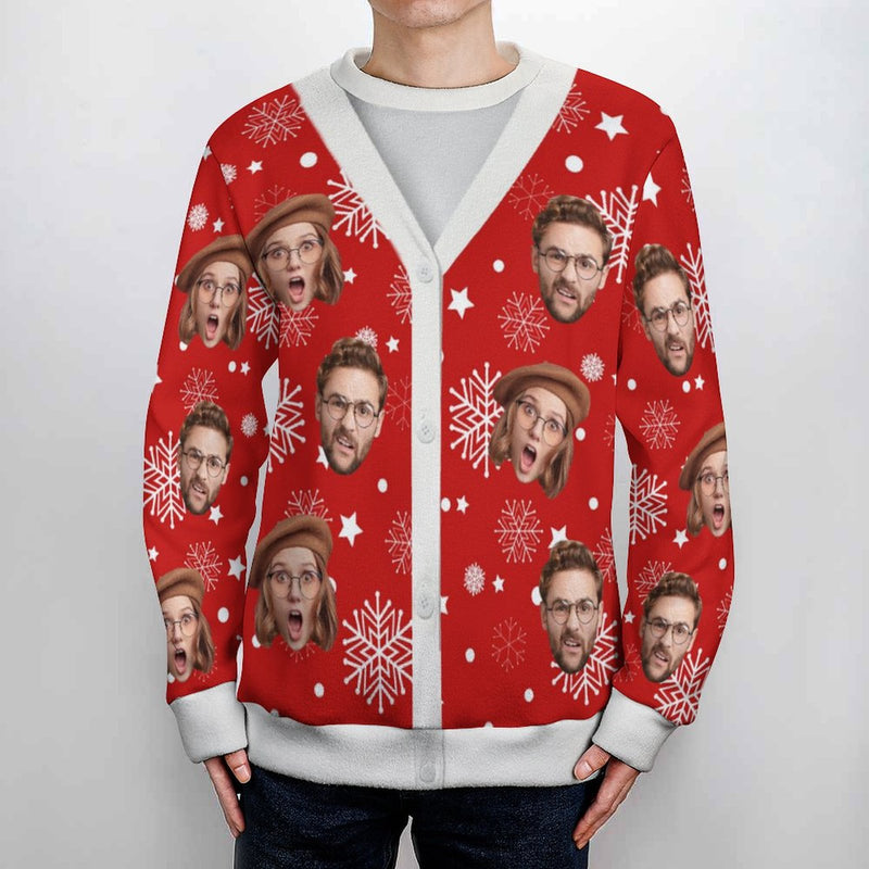 Custom Face Christmas Snowflake Pattern Fake Cardigan Unisex Crew Neck Sweater