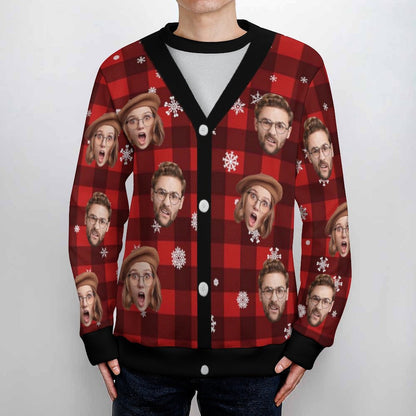 Custom Face Christmas Red Grid Pattern Fake Cardigan Unisex Crew Neck Sweater