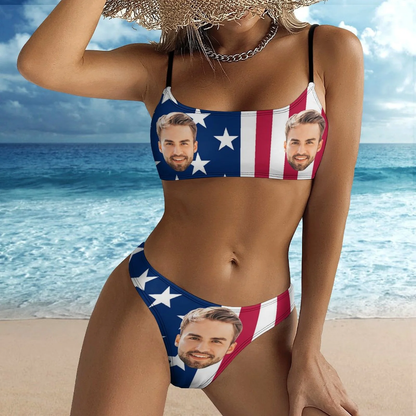 Couple Matching Swimwear Personalized Bikini & Swim Shorts Custom Face American Flag High Neck Cutout High Waisted Bikini Independence Day