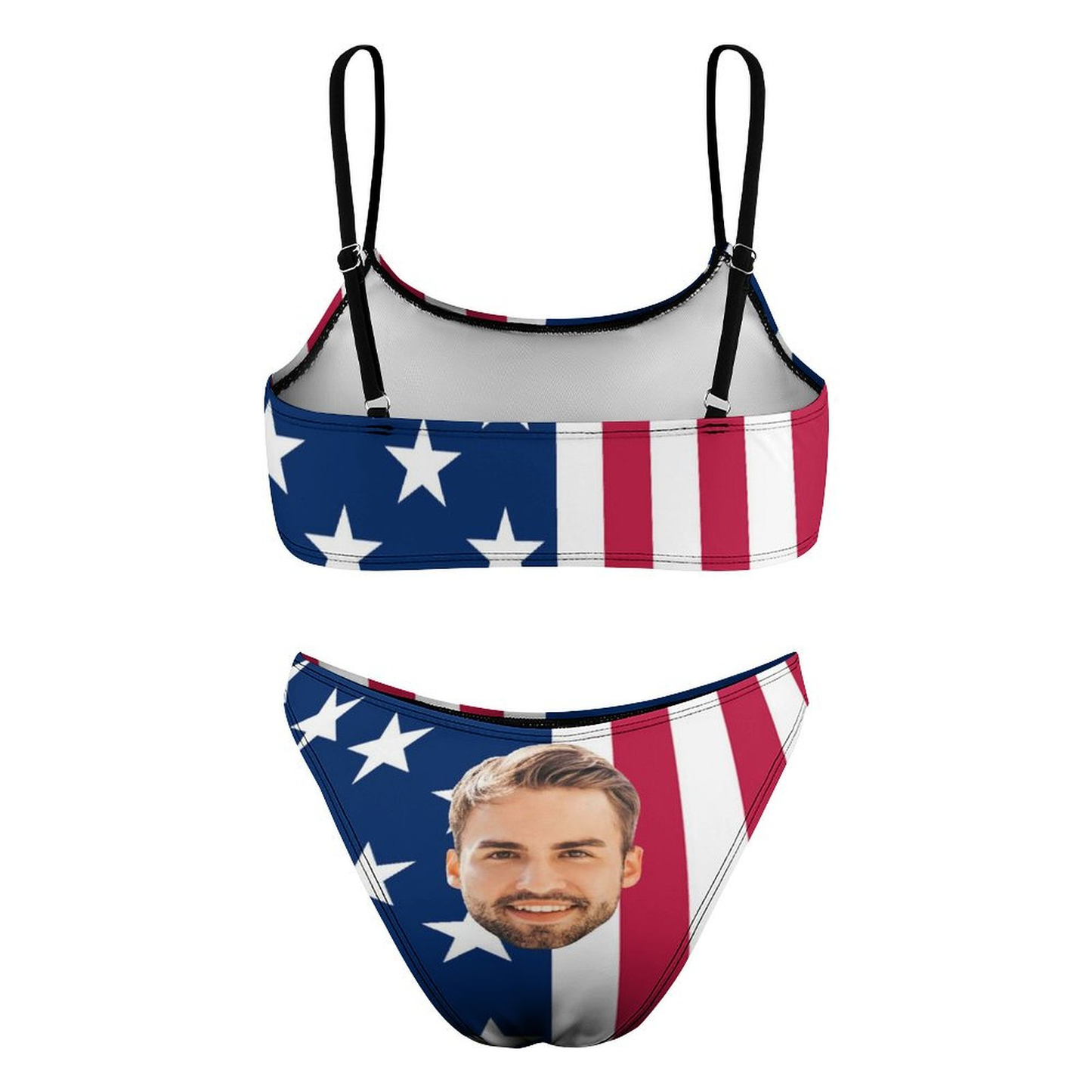 Couple Matching Swimwear Personalized Bikini & Swim Shorts Custom Face American Flag High Neck Cutout High Waisted Bikini Independence Day