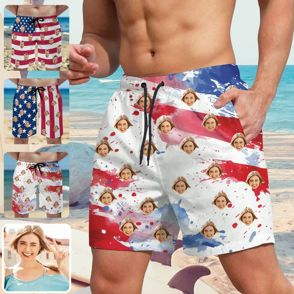 Personalized Swim Trunks Custom Face American Flag Men's Quick Dry Swim Shorts Beach Swimsuit