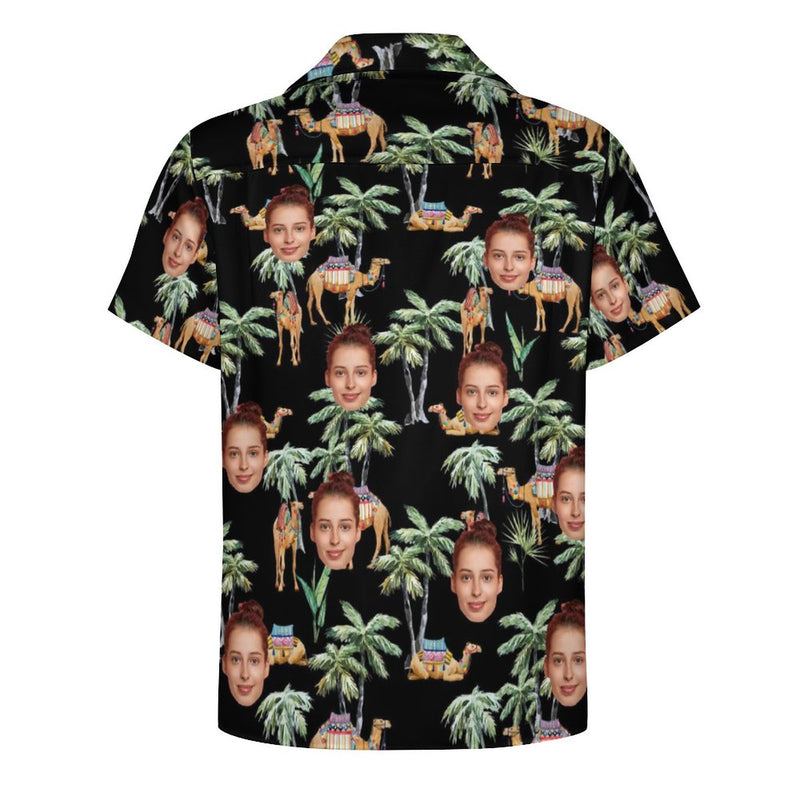 Custom Face Palm Trees and Camels Black Men's Lapel Shirt Cuban Collar Hawaiian Shirt
