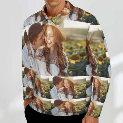 Custom Photo Patchwork Men's Long Sleeve Sports Golf Polo Shirt