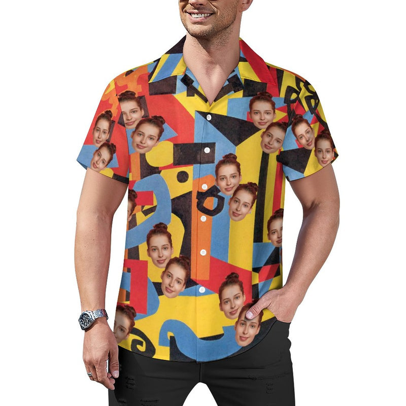 Custom Face Color Block Splicing Yellow Men's Lapel Shirt Cuban Collar Hawaiian Shirt