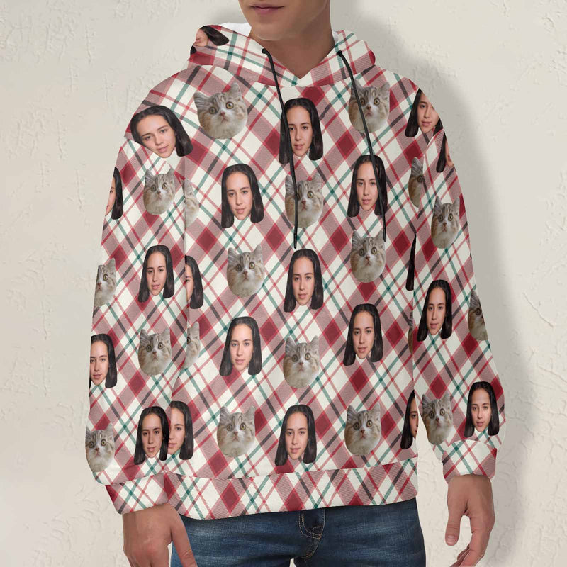 Custom Pet Face with Red Stripes Soft Flannel Hooded Sweatshirt Hoodie