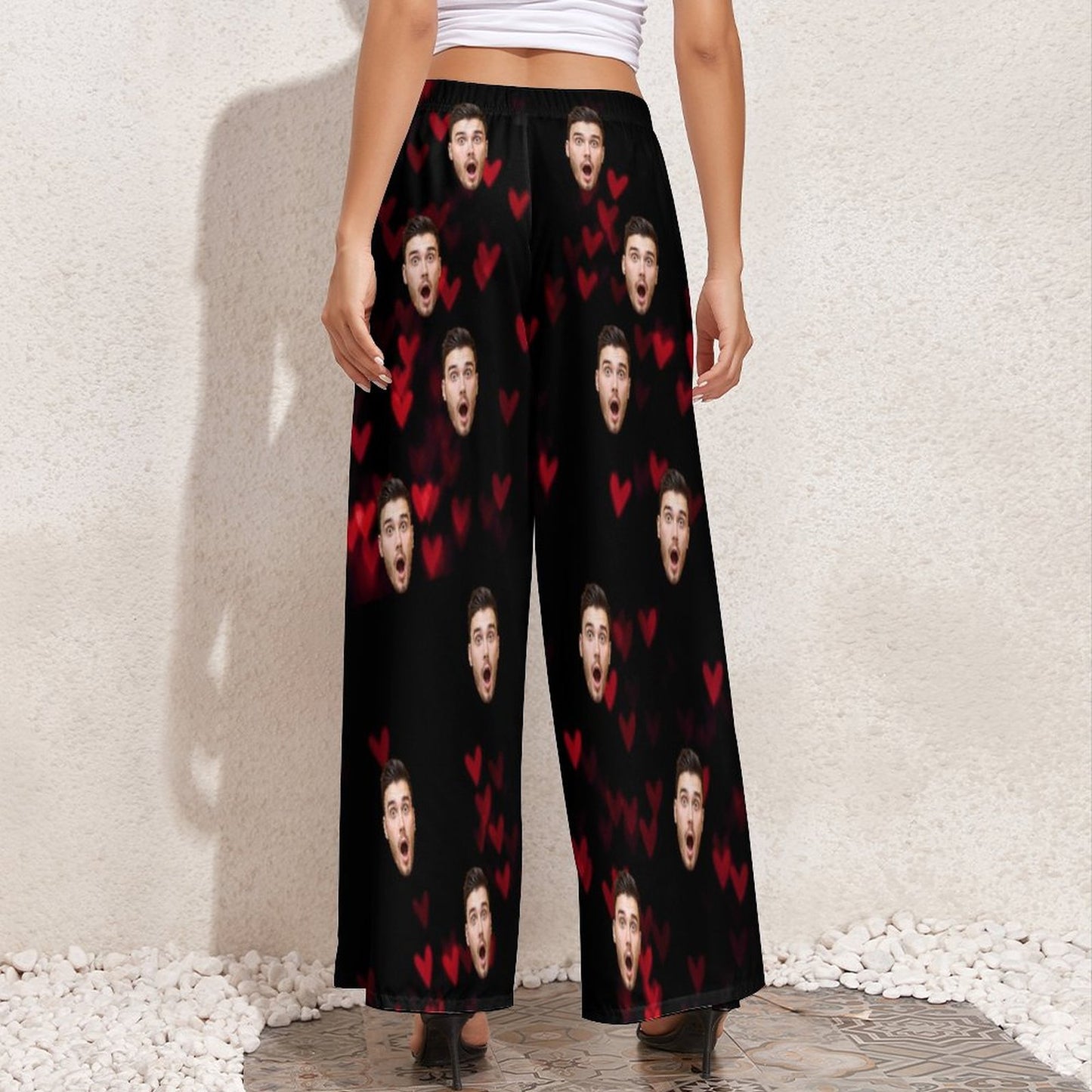 Custom Face Love Print Women's Wide Leg Pants - Black