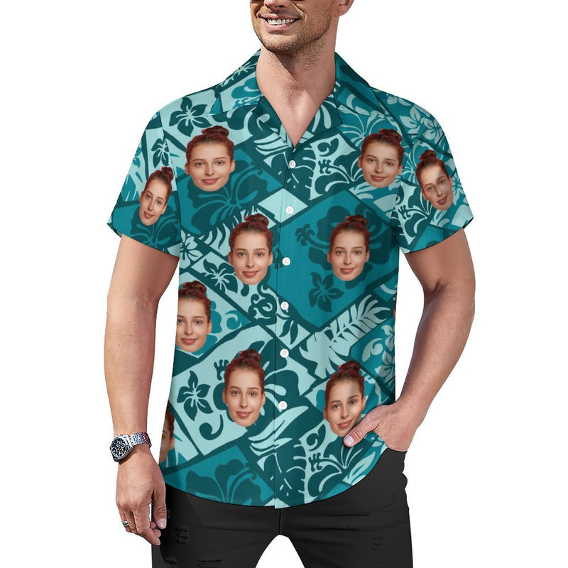 Custom Face Pattern Splicing Green Men's Lapel Shirt Cuban Collar Hawaiian Shirt