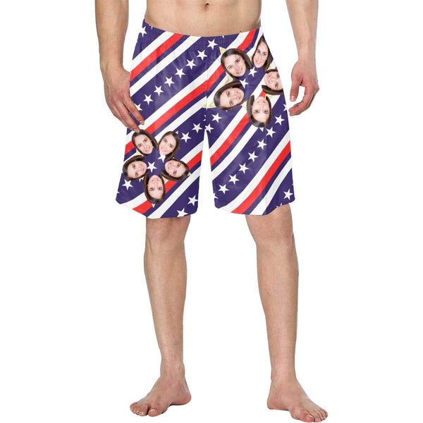 Custom Face Stars Stripes Personalized Photo Men's Elastic Beach Shorts