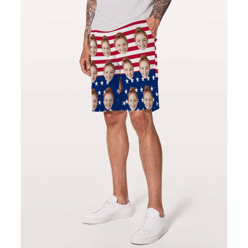 【Hot Selling】4th of July Beach outfits Custom Face Flag Personalized Photo Men's Elastic Beach Shorts