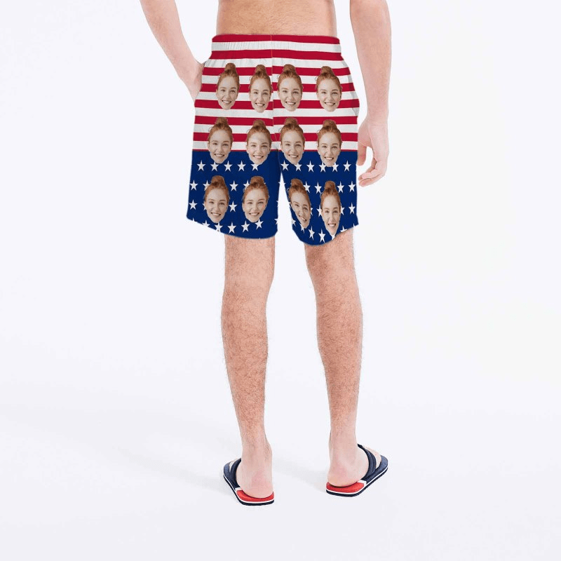 【Hot Selling】4th of July Beach outfits Custom Face Flag Personalized Photo Men's Elastic Beach Shorts