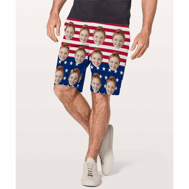 【Hot Selling】4th of July Beach outfits Custom Face Flag Personalized Photo Men's Elastic Beach Shorts