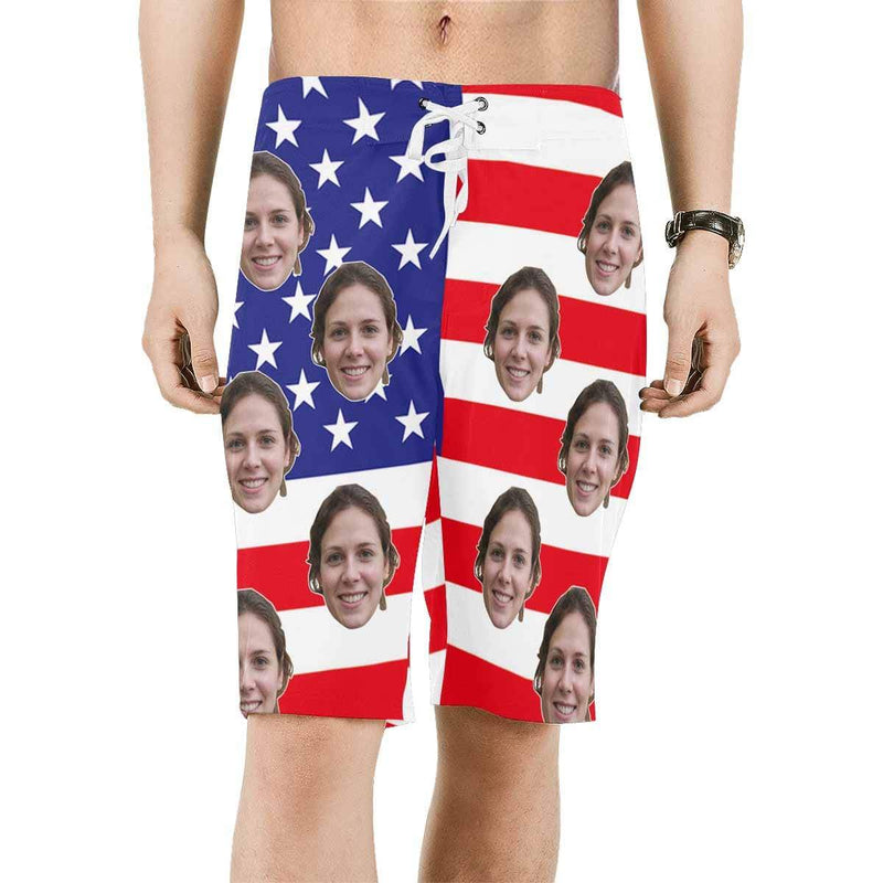 【Hot Selling】4th of July Beach outfits Custom Face Flag White Star Personalized Photo Men's Beach Shorts Drawstring Shorts