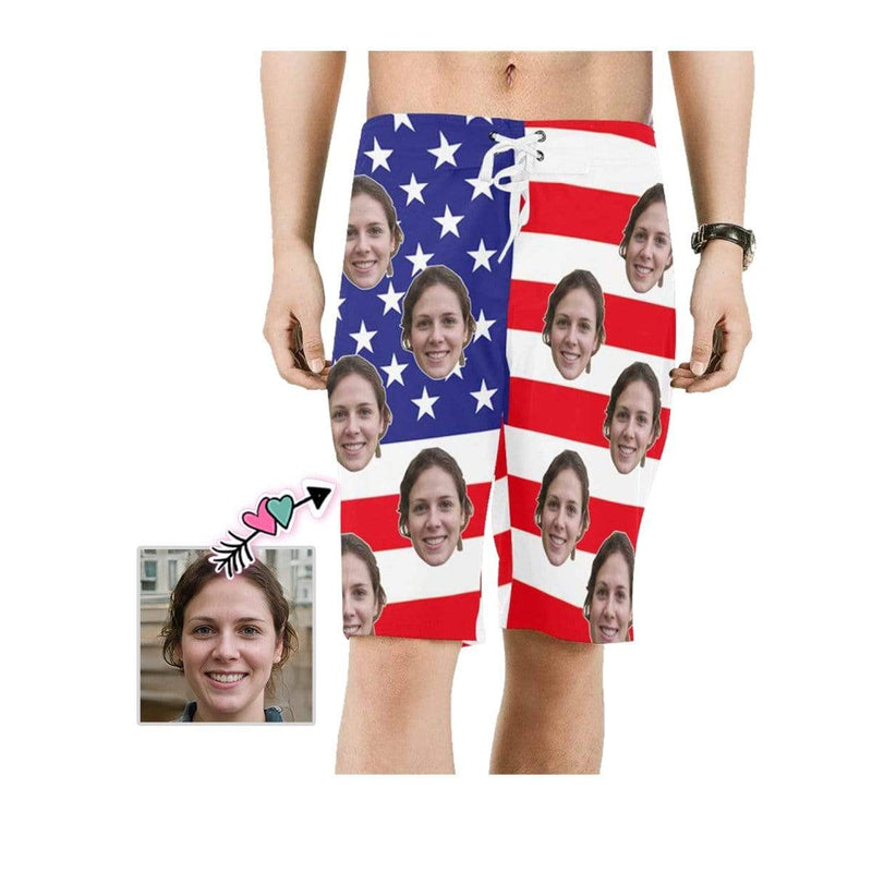 【Hot Selling】4th of July Beach outfits Custom Face Flag White Star Personalized Photo Men's Beach Shorts Drawstring Shorts