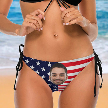 Side Tie-Custom Big Face Flag Personalized Bikini Swimsuit Bottom