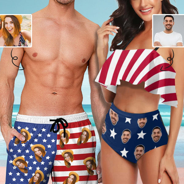 Custom Face American Flag Ruffle Bikini and Swim Shorts Couple Matching Bathing Suits Summer Beach Pool Outfits