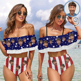 [Top Selling] Custom Face American Flag Ruffle Bikini Swimsuit Personalized Women's Two Piece Bathing Suit High Waisted Summer Beach Pool Outfits