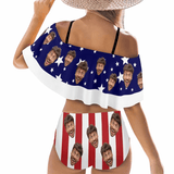 [Top Selling] Custom Face American Flag Ruffle Bikini Swimsuit Personalized Women's Two Piece Bathing Suit High Waisted Summer Beach Pool Outfits