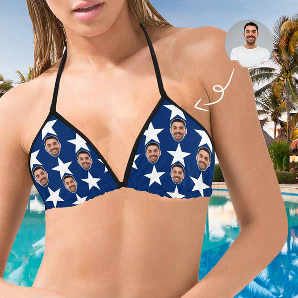 Halter Bikini Top-Custom Boyfriend Face Flag Personalized Bikini Swimsuit Top（Fits small, please refer to size chart）