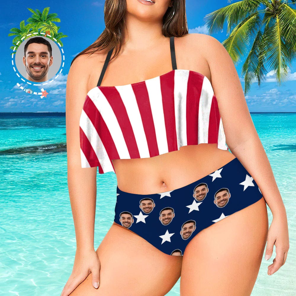 Custom #Bikini Top&Bikini Bottom-Custom Face Stripe Star Flag Ruffle Bikini Personalized Bikini Top And Bikini Bottom Fits All Body Types - YesCustom