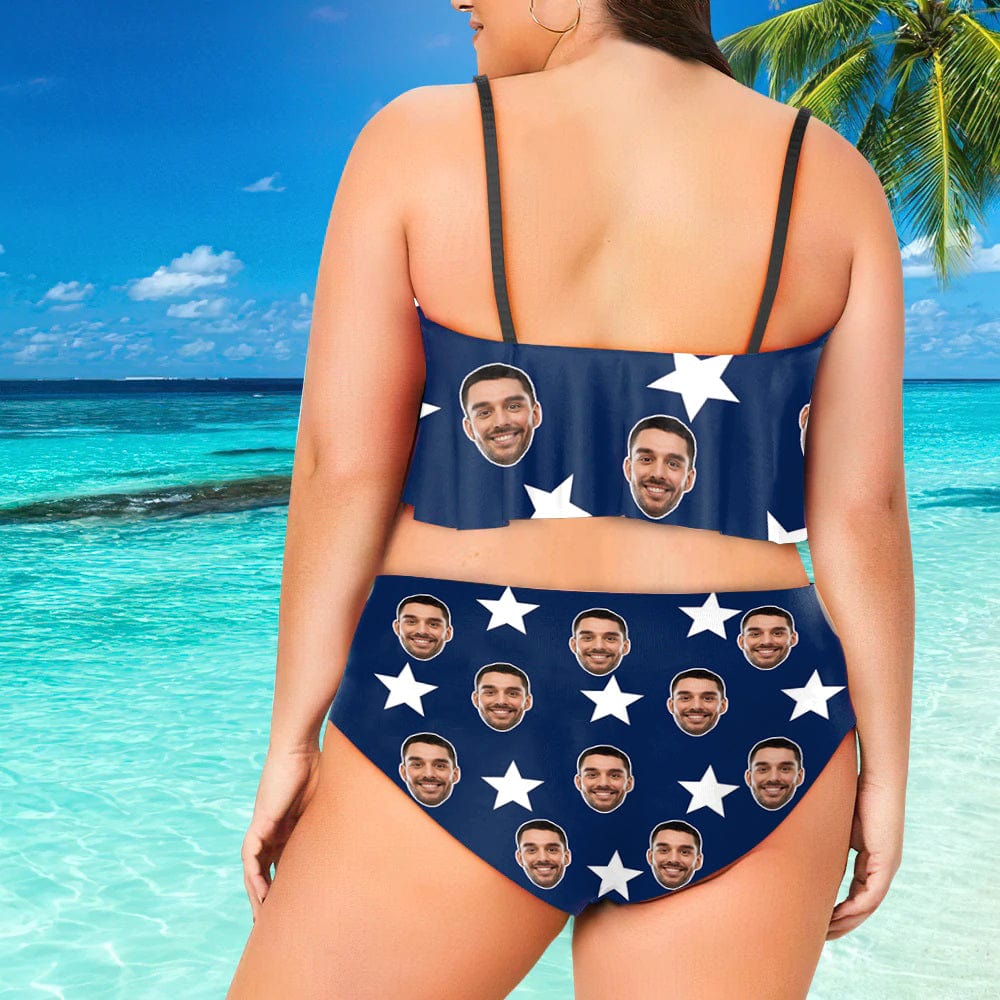 Custom #Bikini Top&Bikini Bottom-Custom Face Stripe Star Flag Ruffle Bikini Personalized Bikini Top And Bikini Bottom Fits All Body Types - YesCustom