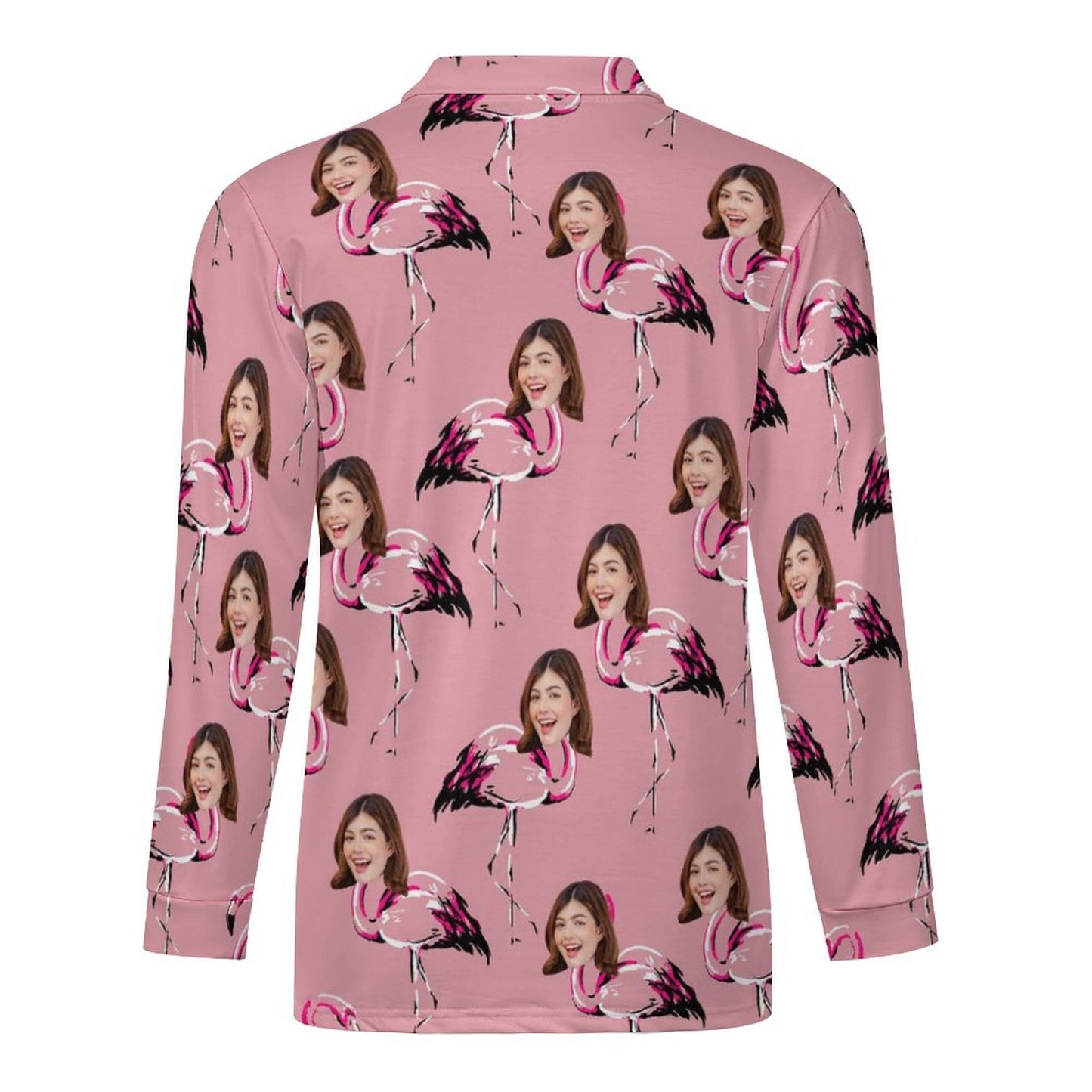 Custom Face Flamingo Pattern Men's Long Sleeve Quarter Zip Sports Golf Polo Shirt - Dark Pink