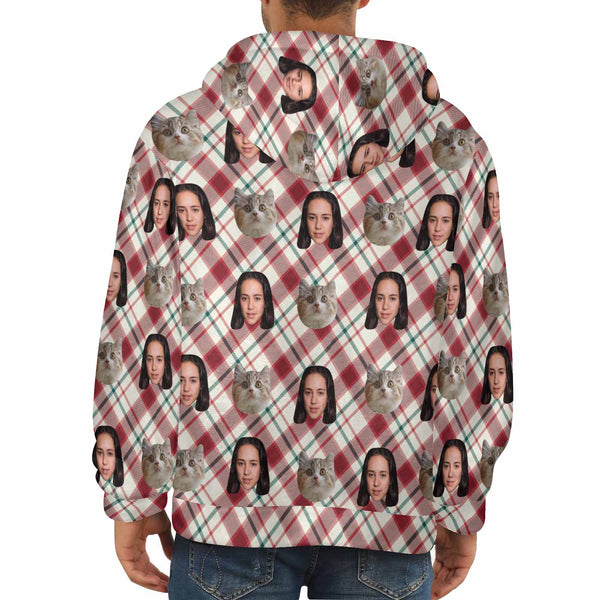 Custom Pet Face with Red Stripes Soft Flannel Hooded Sweatshirt Hoodie