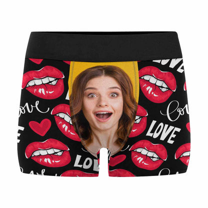 Custom Girlfriend Face Biting Lips Pattern Men's All Over Print Boxer Briefs Personalized Love Heart Underwear