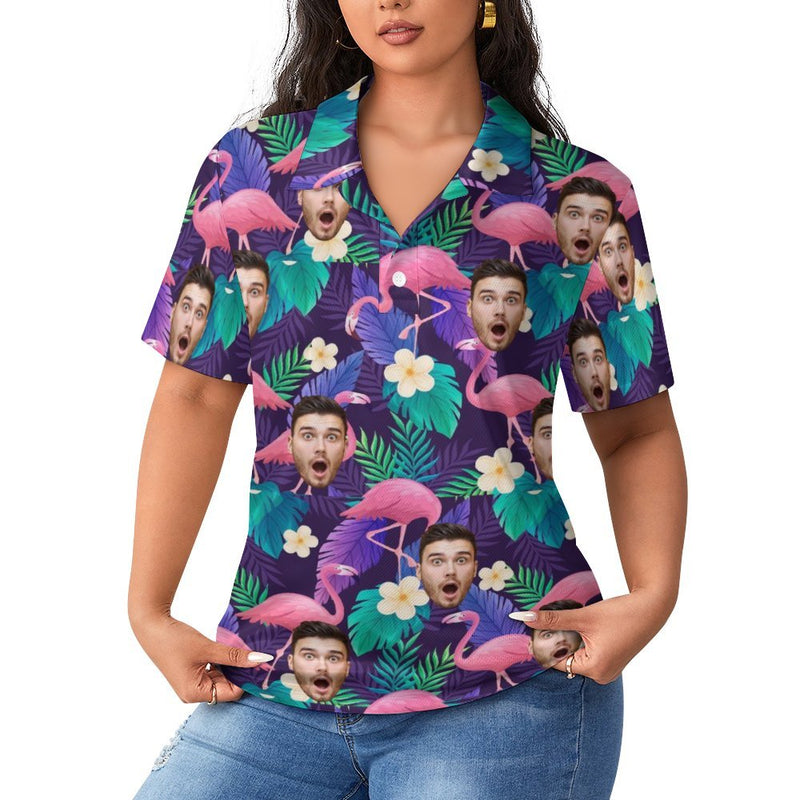 Custom Face Pink Flamingo Pattern Women's Straight Golf Polo Shirt