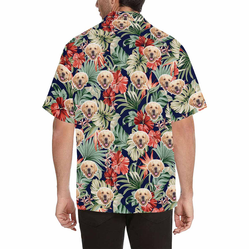 Custom Face Flower Leaves Men's All Over Print Hawaiian Shirt - Deep Bule