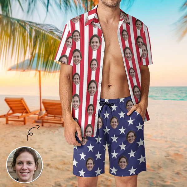 Custom Couple American Flag Hawaiian Shirt Set&Cover Up Dress Independence Gift - YesCustom