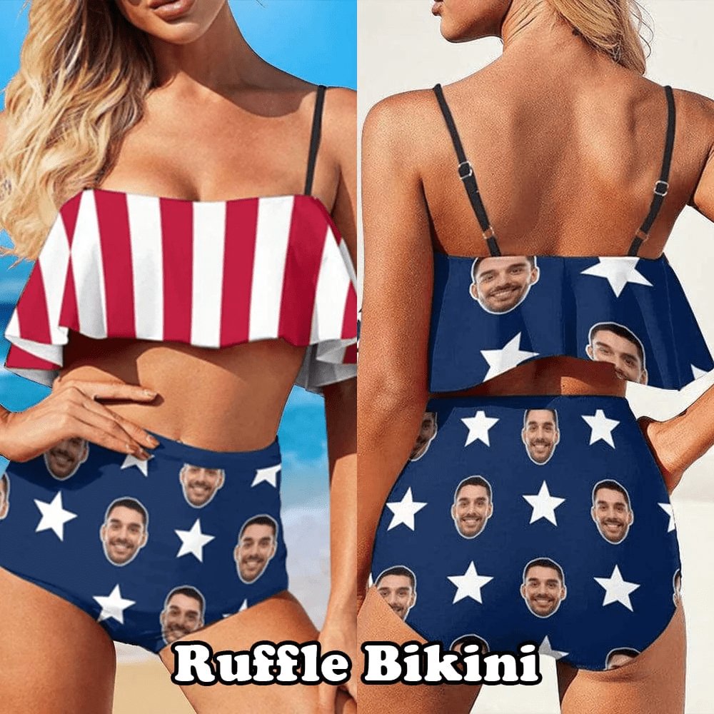 Custom #Couple Matching Swimwear #American Flag Bathingsuit #Independence Day#Custom Face Bikini Personalized Triangle Swim Briefs - YesCustom