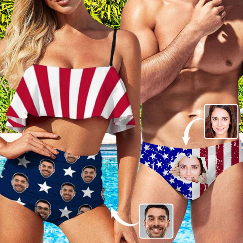 Custom #Couple Matching Swimwear #American Flag Bathingsuit #Independence Day#Custom Face Bikini Personalized Triangle Swim Briefs - YesCustom