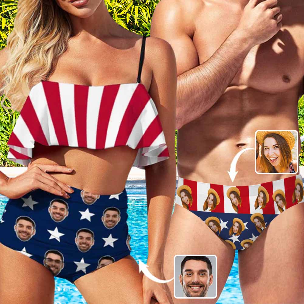 Custom #Couple Matching Swimwear #American Flag Bathingsuit #Independence Day#Custom Face US Flag Bikini Personalized Triangle Swim Briefs Celebrate Holiday Party - YesCustom