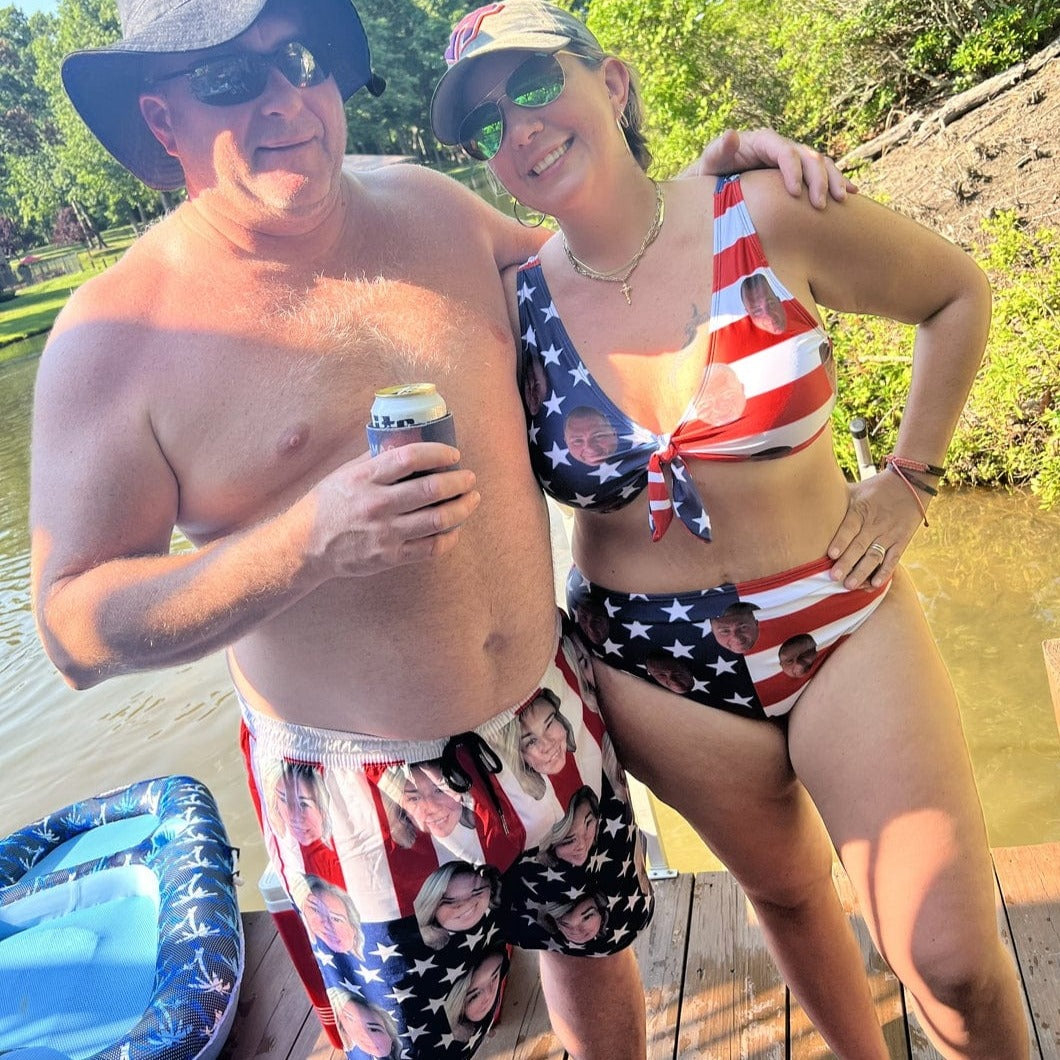 Custom #Couple Matching Swimwear #American Flag Bathingsuit #Independence Day#Custom Husband Face American Flag Swimsuit Personalized Bikini & Swim Trunks Celebrate Holiday Party - YesCustom