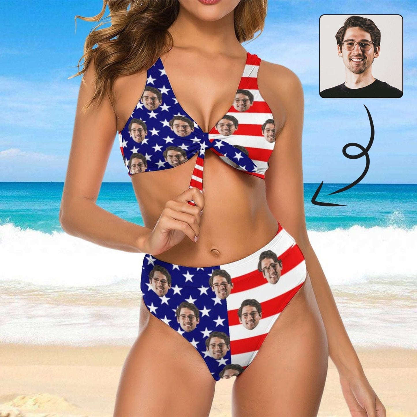 Custom #Couple Matching Swimwear #American Flag Bathingsuit #Independence Day#Custom Husband Face American Flag Swimsuit Personalized Bikini & Swim Trunks Celebrate Holiday Party - YesCustom