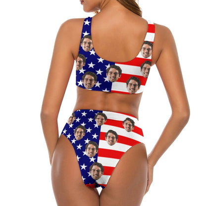 Custom #Couple Matching Swimwear #American Flag Bathingsuit #Independence Day#Custom Husband Face American Flag Swimsuit Personalized Bikini & Swim Trunks Celebrate Holiday Party - YesCustom