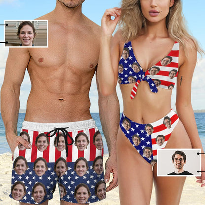 Custom #Couple Matching Swimwear #American Flag Bathingsuit #Independence Day#Custom Husband Face American Flag Swimsuit Personalized Bikini & Swim Trunks Celebrate Holiday Party - YesCustom