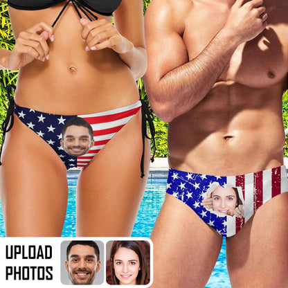 Custom #Couple Matching Swimwear Custom Big Face American Flag Triangle Swim Briefs Side Tie Bikini Swimsuit Bottom Personalized Flag Bathingsuit #Independence Day# Celebrate Holiday Party - YesCustom