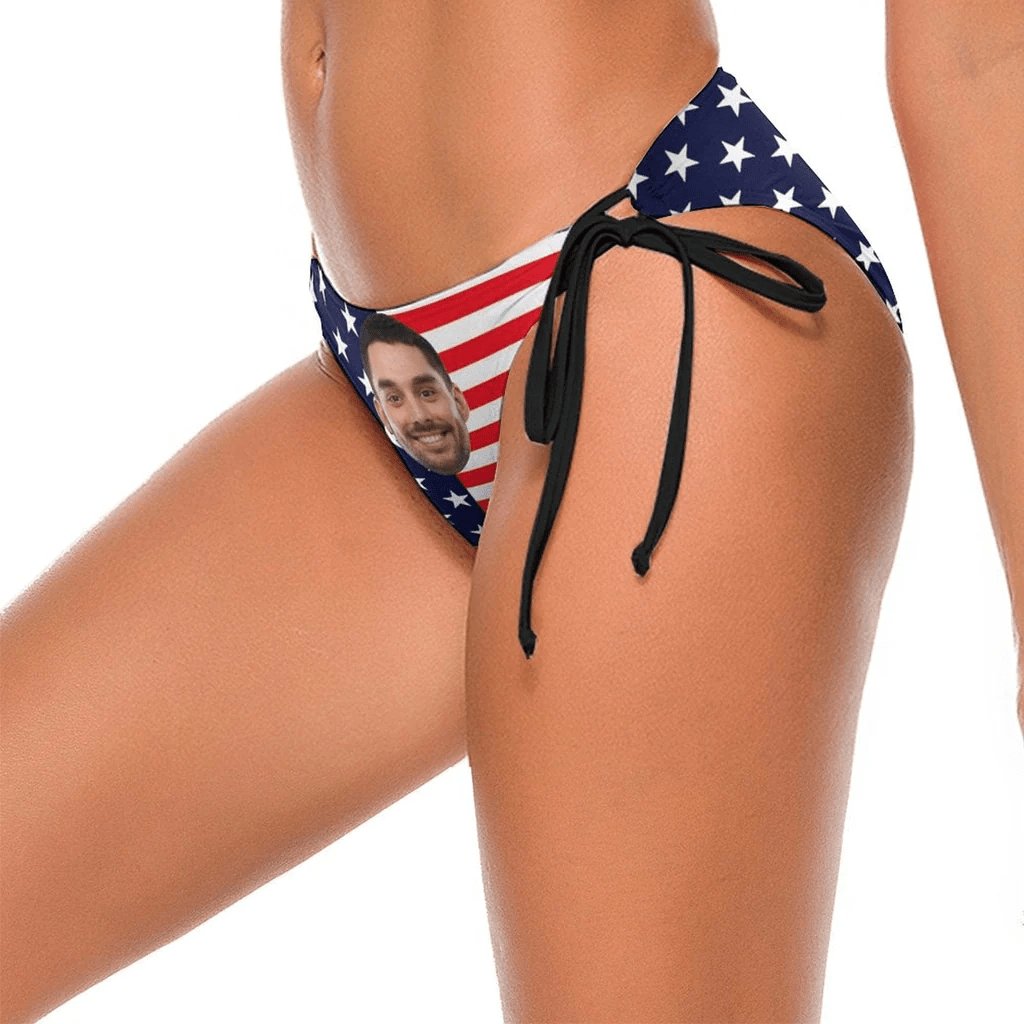 Custom #Couple Matching Swimwear Custom Big Face American Flag Triangle Swim Briefs Side Tie Bikini Swimsuit Bottom Personalized Flag Bathingsuit #Independence Day# Celebrate Holiday Party - YesCustom