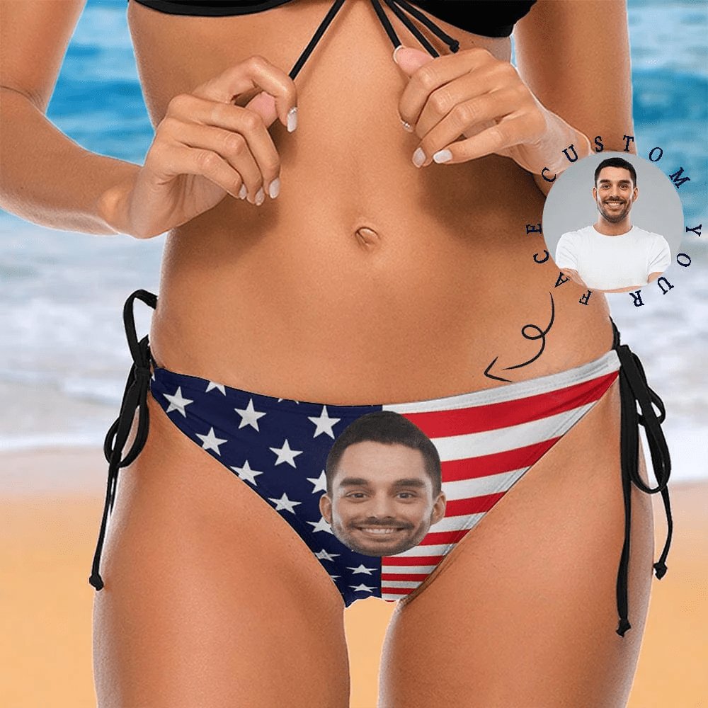 Custom #Couple Matching Swimwear Custom Big Face American Flag Triangle Swim Briefs Side Tie Bikini Swimsuit Bottom Personalized Flag Bathingsuit #Independence Day# Celebrate Holiday Party - YesCustom