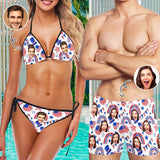 Custom #Couple Matching Swimwear Custom Face US Flag Elements String Halter Low Waisted Triangle Two Piece Bikini Set Personalized Men's Stretch Quick Dry Swim Boxer Briefs - YesCustom